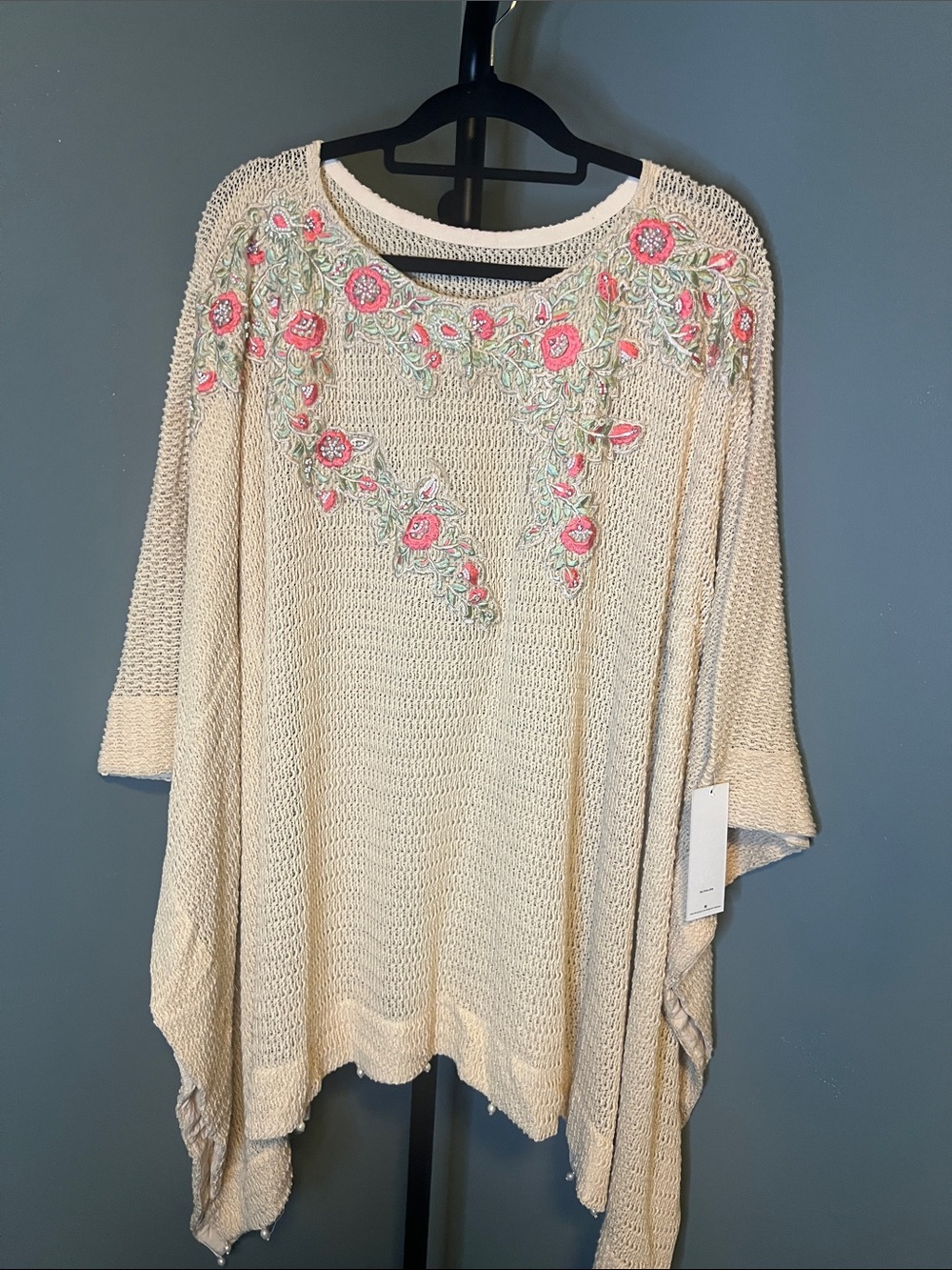 Lashing Cream Knit Tunic with Pink Floral Embroidery and Green Leaves